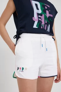 Spodenki damskie - Pepe Jeans szorty bawełniane damskie kolor biały z aplikacją high waist - grafika 1