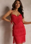 Sukienki - Czerwona Dopasowana Sukienka z Frędzlami i Regulowanymi Ramiączkami Losani - miniaturka - grafika 1