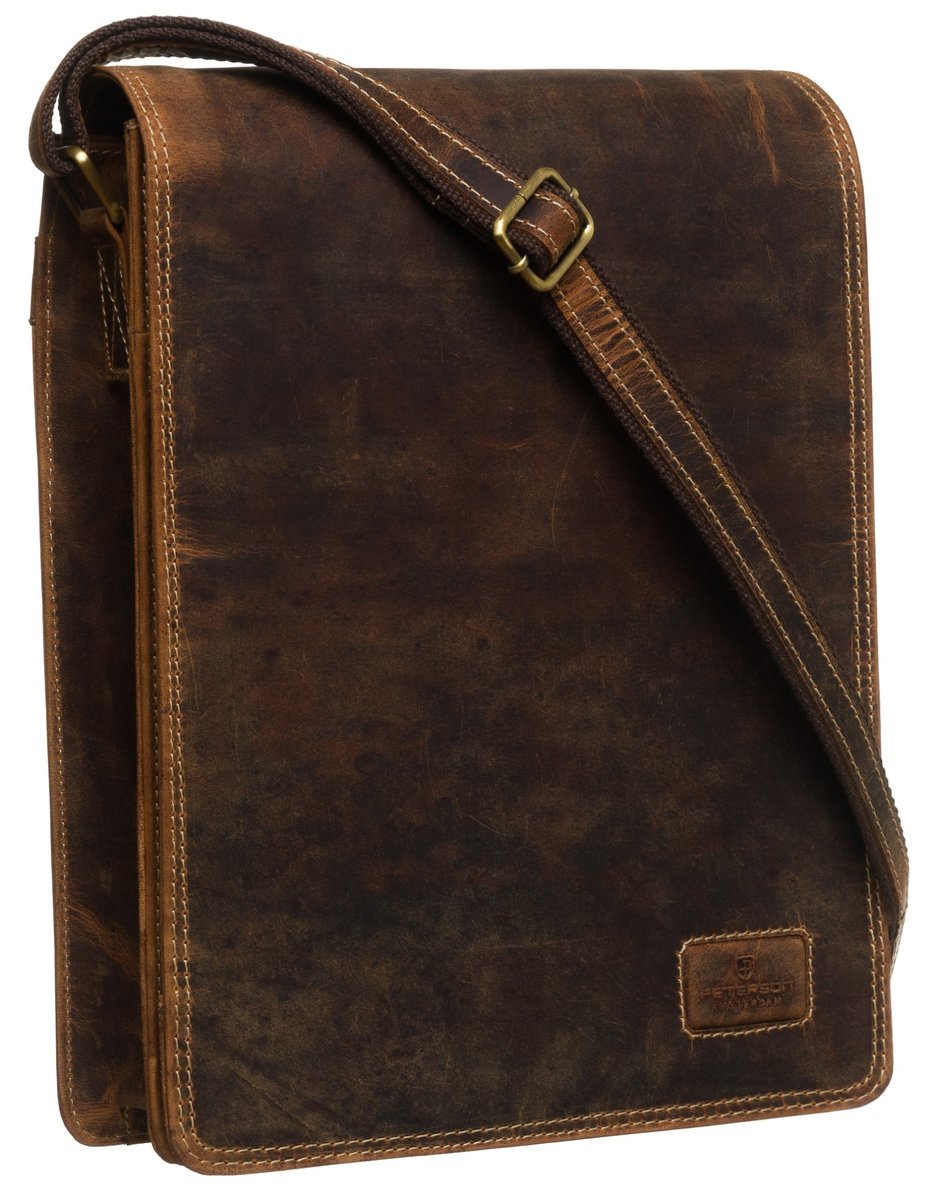 Elegancka torba męska do pracy skórzana PETERSON duża minimalistyczna listonoszka z klapką kieszonki na telefon dokumenty tablet vintage brązowa skó..