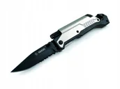 Noże - NÓŻ RATOWNICZY SREBRNY SKŁADANY KANDAR Z LATARKĄ, KRZESIWEM, ZBIJAKIEM - miniaturka - grafika 1