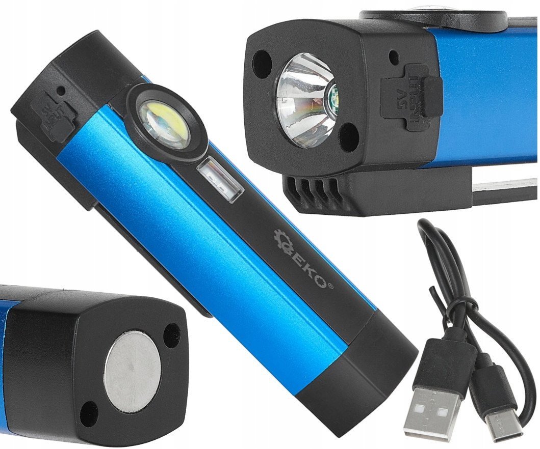 GEKO Latarka wielofunkcyjna z magnesem + UV LED COB 5W 2000mAh 300lm IP54 – kartonik wystawowy 12/96