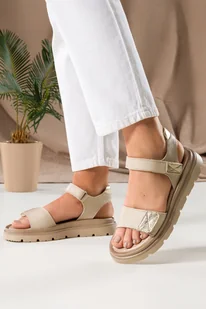 Beżowe sandały skórzane damskie na rzep bieżnikowana platforma złote dodatki PRODUKT POLSKI Casu 40443 - Sandały damskie - miniaturka - grafika 1