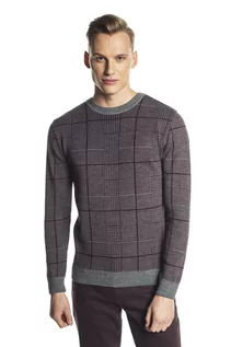 Swetry męskie - Sweter bordowy w kratę z wełną Recman GRILLONS - grafika 1