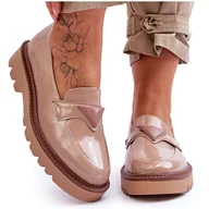 Mokasyny damskie - Vinceza Lakierowane Damskie Mokasyny Na Platformie Z Ozdobą Beżowe Jonett beżowy - miniaturka - grafika 1