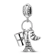 Wisiorki - Zawieszka SREBRO 925 Charms koralik do PANDORA Paryż Wieża Eiffla Rogalik Kawa - miniaturka - grafika 1