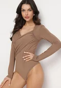 Body - Ciemnobeżowe Body Eleganckie z Marszczeniem Ziellea - miniaturka - grafika 1