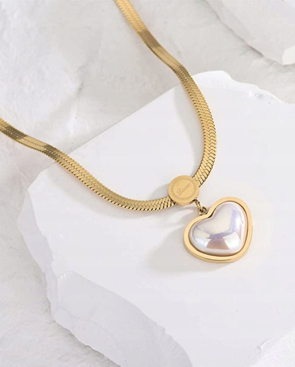 Złoty Naszyjnik Białe Serce Kamień Stal Szlachetna