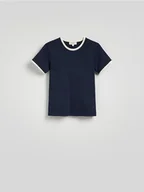 Koszulki i topy damskie - Reserved - T-shirt z kontrastową lamówką - granatowy - miniaturka - grafika 1