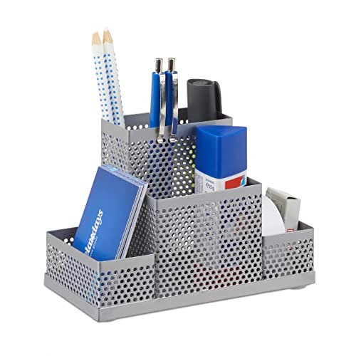 Relaxdays Metalowy organizer biurowy, pojemnik na długopisy, pojemnik na biurko dla dzieci, z otworami, wys. x szer. x gł.: 11 x 16 x 8 cm, srebrny