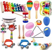 Zabawki sensoryczne - DREWNIANE INSTRUMENTY DLA DZIECI CYMBAŁKI + torba DUŻY ZESTAW INSTRUMENTÓW - miniaturka - grafika 1