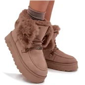 Kozaki damskie - Śniegowce Damskie Na Platformie Z Futerkiem I Wiązaniem Big Star SS274114 Beżowe-39 - miniaturka - grafika 1