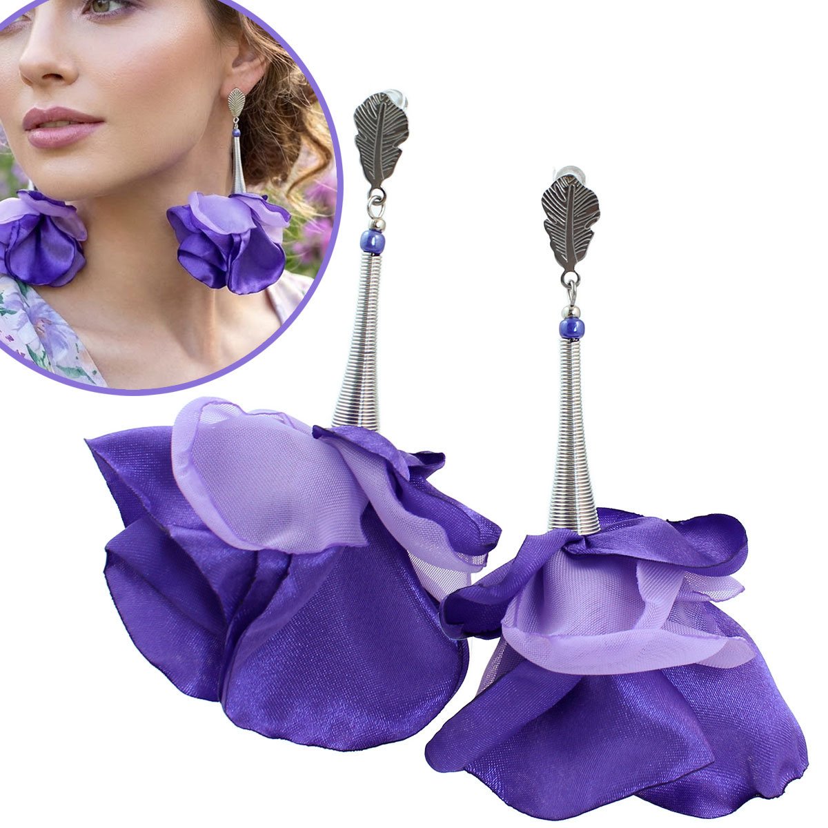 Duże kolczyki fioletowe kwiaty awangardowe srebrne imprezowe