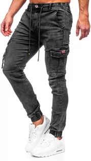 Spodnie męskie - Czarne spodnie jeansowe bojówki męskie Denley TF130 - grafika 1