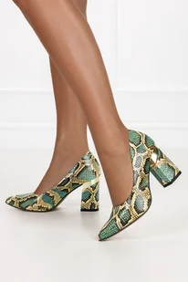 Zielone czółenka skórzane damskie na ozdobnym słupku wzór wężowy PRODUKT POLSKI Casu 3117 - Czółenka - miniaturka - grafika 1