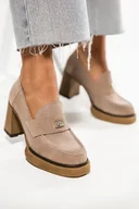 Mokasyny damskie - Beżowe mokasyny skórzane damskie ze złotą ozdobą na szerokim klocku PRODUKT POLSKI Casu 20169-B - miniaturka - grafika 1