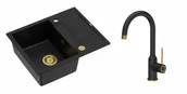 Zlewozmywaki z baterią - Quadron Unique Zlewozmywak granitowy jednokomorowy 62*50*22 cm z ociekaczem MORGAN 116 PURE CARBON z syfonem Push-2-Open w kolorze złotym z baterią INGRID Q LINE kolor czarny mat/wykończenie złote - miniaturka - grafika 1
