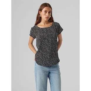 VERO MODA Damski top Vmsaki Ss Zip AOP WVN Ga Noos, Czarny/Aop: białe małe kropki, S - Koszulki i topy damskie - miniaturka - grafika 1