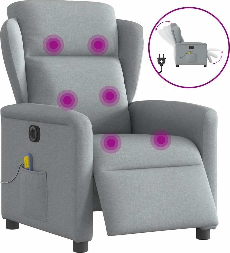 vidaXL Rozkładany fotel masujący, elektryczny, jasnoszary, tkanina