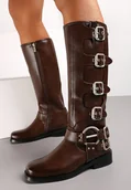 Kozaki damskie - Brązowe Kozaki Biker z Ozdobnymi Klamerkami i Kwadratowym Noskiem Vivao - miniaturka - grafika 1