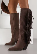 Kozaki damskie - Ciemnobrązowe Kozaki Kowbojki na Stożku z Imitacji Zamszu Zdobione Frędzlami Rabella - miniaturka - grafika 1