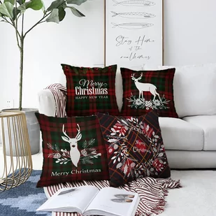 Zestaw 4 świątecznych szenilowych poszewek na poduszki Minimalist Cushion Covers Tartan Merry Christmas, 55x55 cm - Pozostałe akcesoria świąteczne - miniaturka - grafika 1