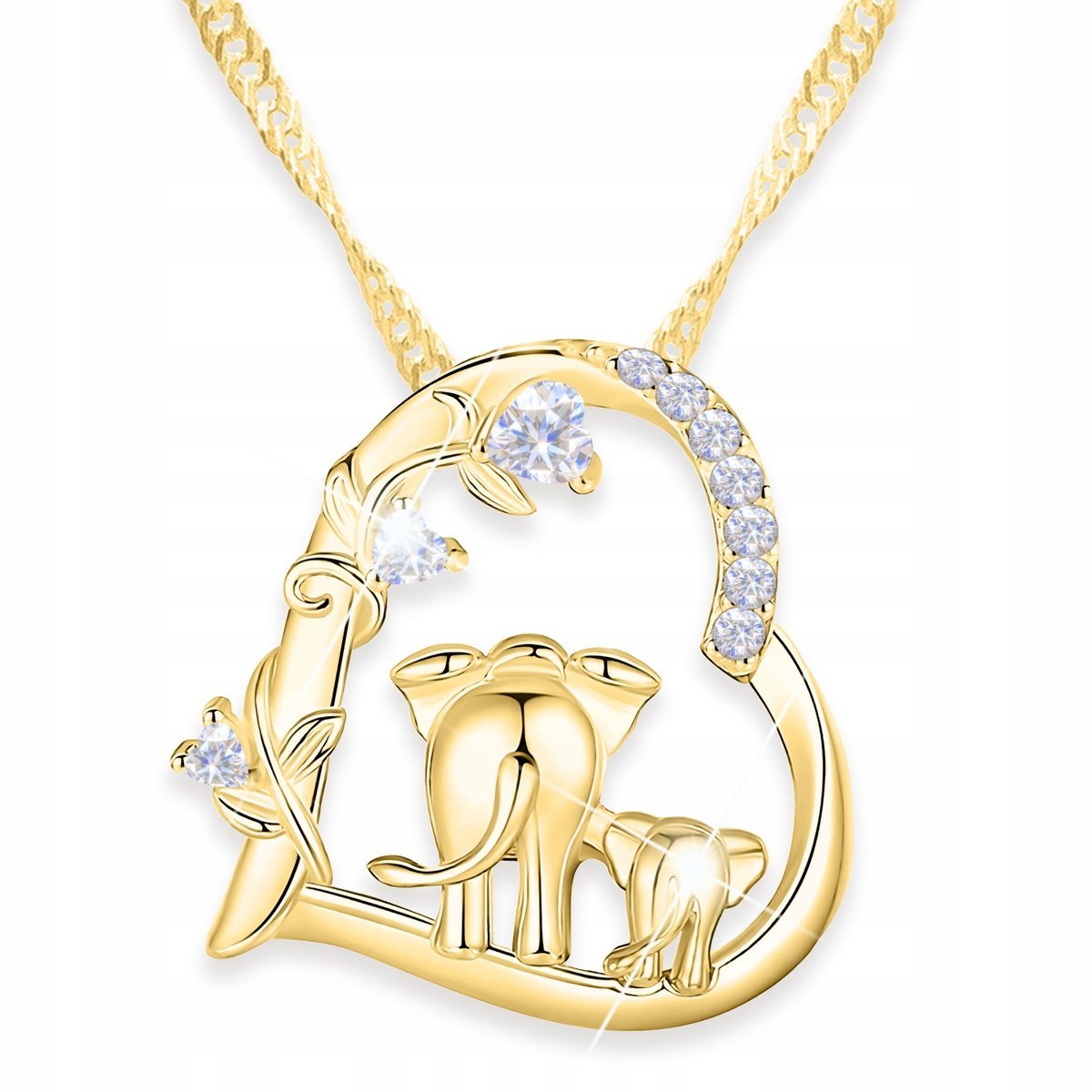 Złoty Naszyjnik Kwiat z Sercem Cyrkonia Słonik Słoń Kwiaty SREBRO 925