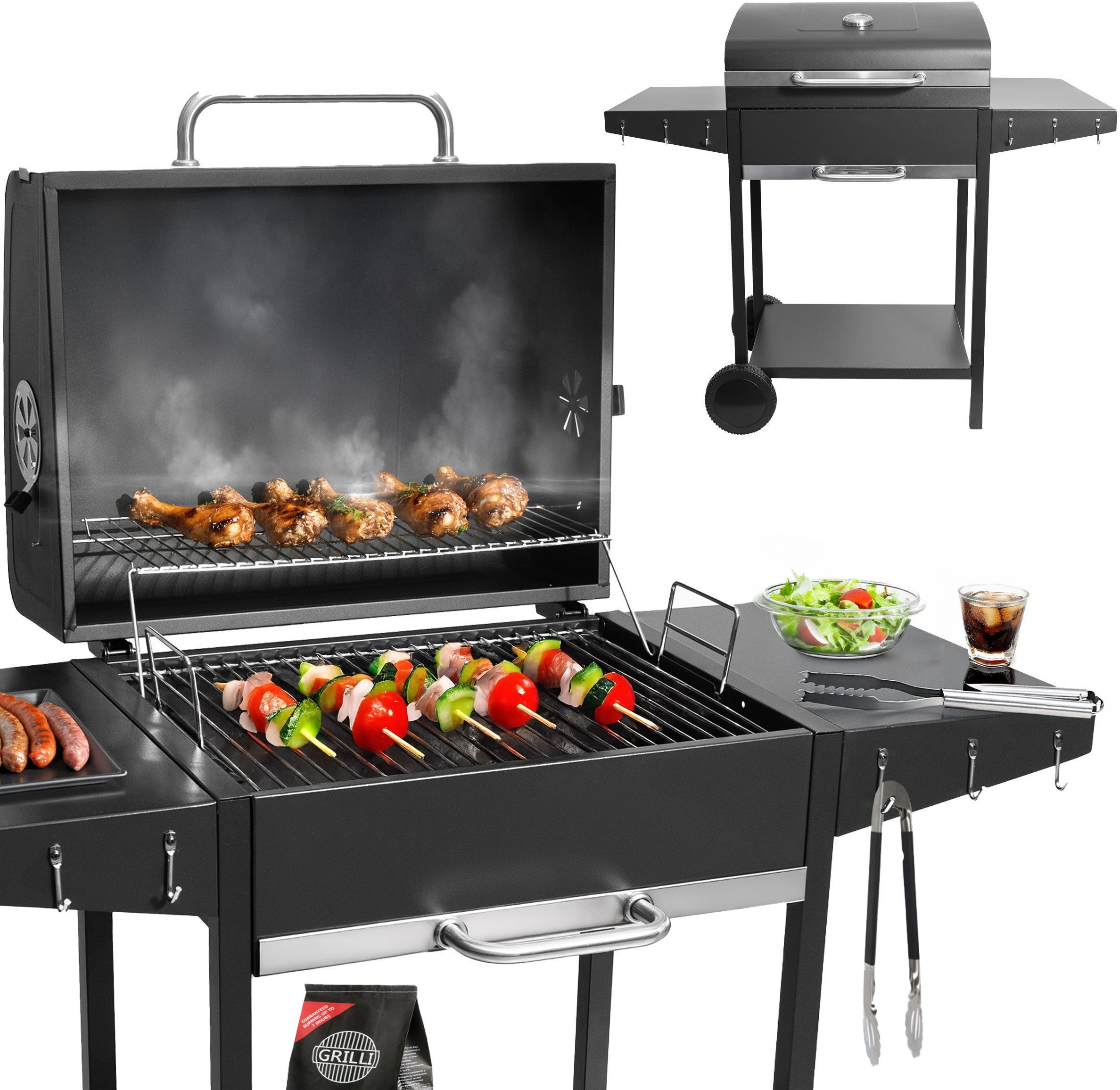 Bauerkraft Duży grill węglowy ogrodowy ruszt z pokrywą szuflada na popiół termometr