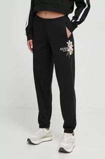 Spodnie damskie - Guess spodnie dresowe bawełniane kolor czarny z aplikacją - grafika 1
