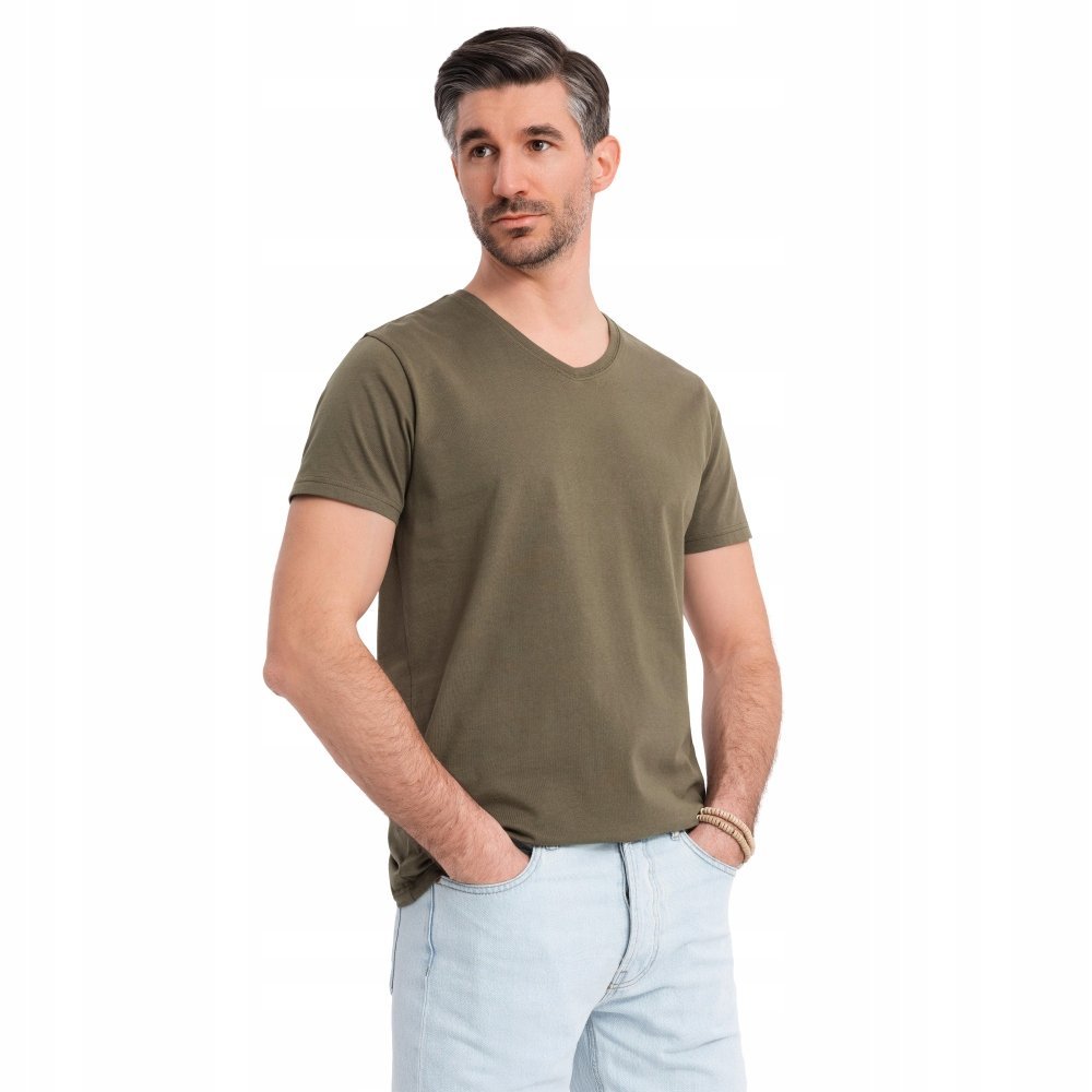 Męska koszulka serek 100% bawełna basic ciemnooliwkowa OM-TSBS-0237 V6 XXL