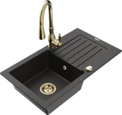 Zlewozmywaki z baterią - Mexen Pablo zlewozmywak granitowy 1-komorowy z ociekaczem i baterią kuchenną Savita, czarny/złoty metalik - 6510-75-672601-50 - miniaturka - grafika 1