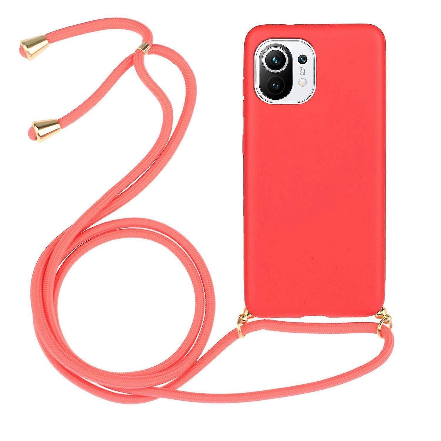 Do Xiaomi Mi 11 Lite Materiał ze słomy pszennej + etui na telefon z TPU ze smyczą Czerwony