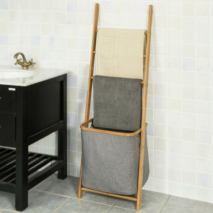 SoBuy® Półka łazienkowa z 3 wieszakami na ręczniki i workiem na pranie, FRG263-N