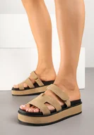 Klapki i japonki damskie - Ciemnobeżowe Klapki na Grubej Podeszwie z Geometryczną Cholewką Ellivon - miniaturka - grafika 1