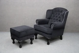 Zestaw Fotel Pufa Tapicerowany New Barock Czarny B 2846 - Taborety i hokery - miniaturka - grafika 1
