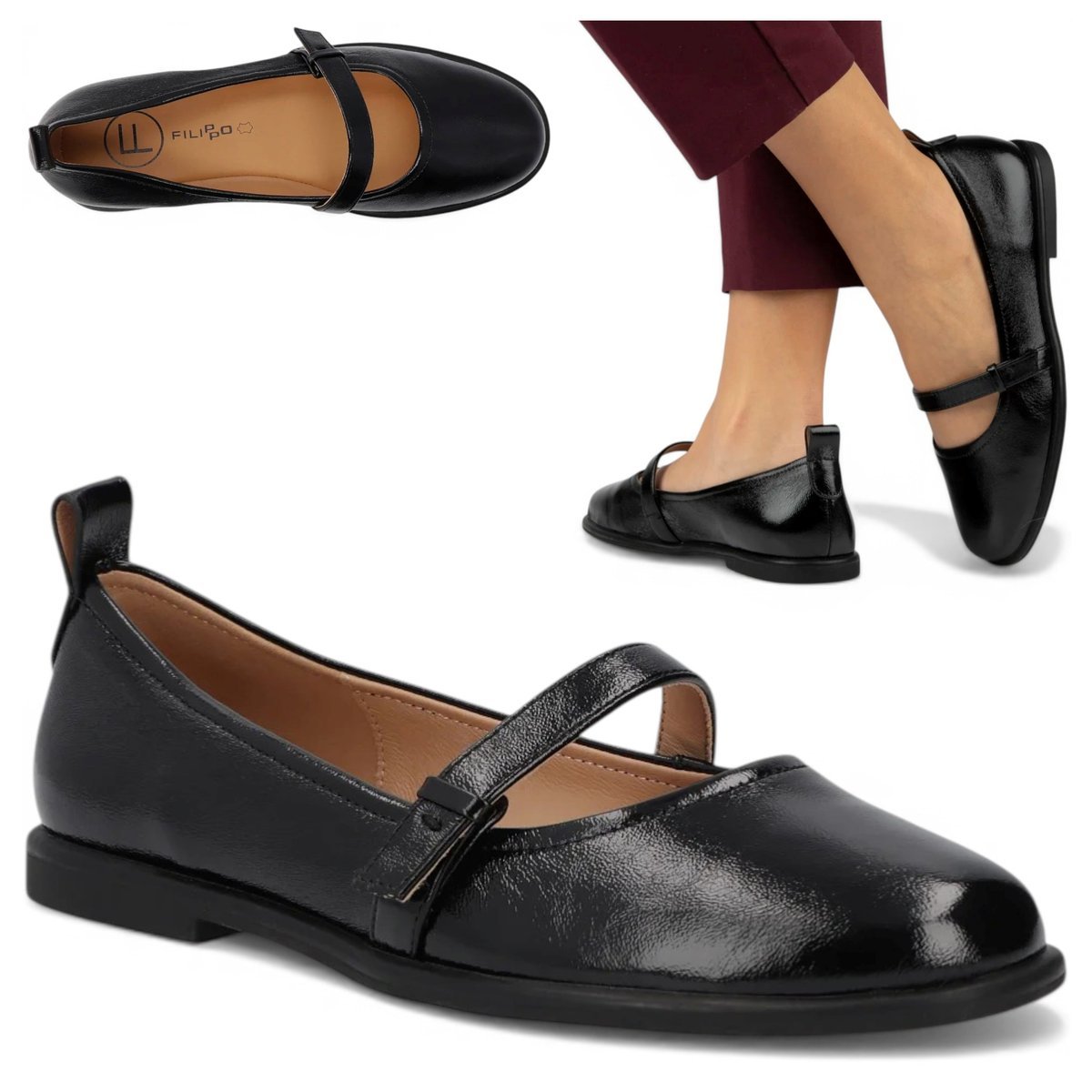 Baleriny Damskie Skórzane FILIPPO Eleganckie Baletki Czarne Modne Wiosna 37