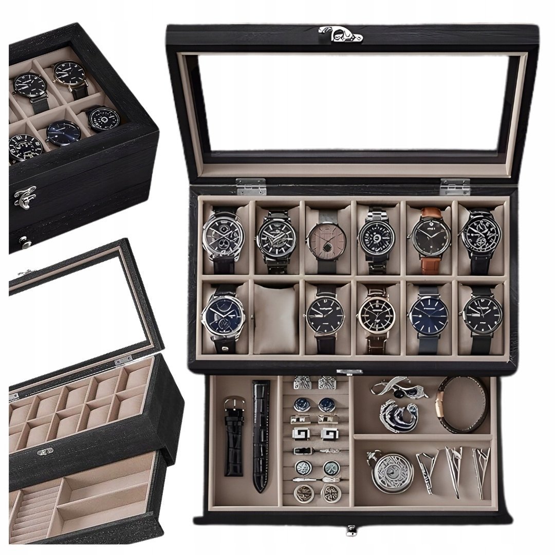 DREWNIANE PUDEŁKO NA BIŻUTERIĘ Z AKSAMITNĄ TACĄ ORGANIZER 2-POZIOMOWY ETUI