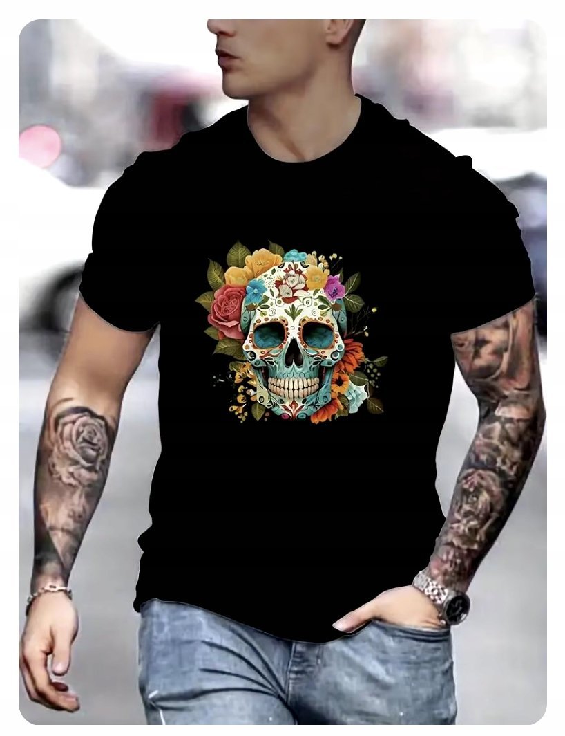 ŚWIĄTECZNA KOSZULKA MĘSKA ŚMIESZNA T-SHIRT SKULL CZASZKA BOHO Kwiaty r. L