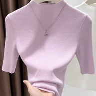 Swetry damskie - TEMU koszulka damska na wiosnę i jesień 2025, przyjazna dla skóry, z krótkim rękawem i dekoltem, dopasowana, cienka, elegancka bluzka o średniej - miniaturka - grafika 1