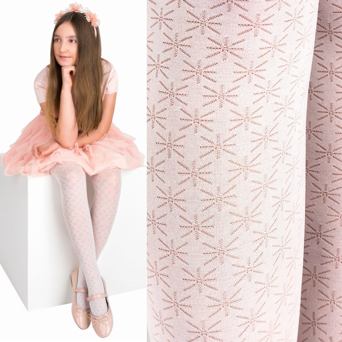 Rajstopy dziecięce Noviti Alicja 3D białe w kwiatki 30DEN roz.128/134