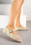 Baleriny - Beżowe Balerinki z Ażurowej Plecionki z Paskiem z Klamerką Delmire - miniaturka - grafika 1