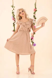 Rozkloszowana Sukienka w Drobne Groszki z Falbankami - Beżowa - Sukienki - miniaturka - grafika 1