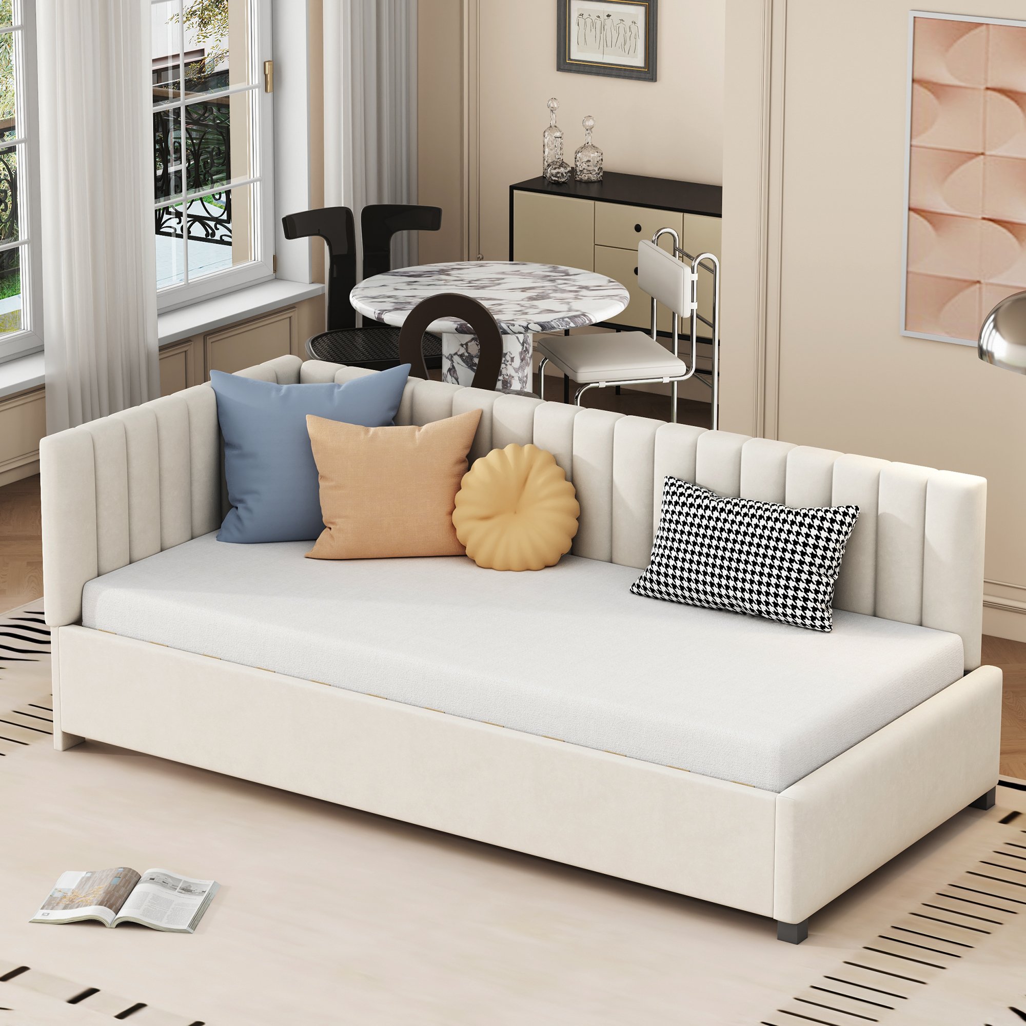 Łóżko tapicerowane Sweiko Sofa 90*200 Wielofunkcyjne łóżko z listwowym stelażem Przyjazny dla skóry aksamitny materiał Beżowy