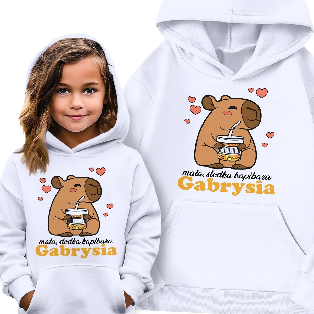BLUZA DZIECIĘCA Z KAPTUREM BIAŁA PREZENT KAPIBARA Z BUBLETEA IMIE ROZM 128