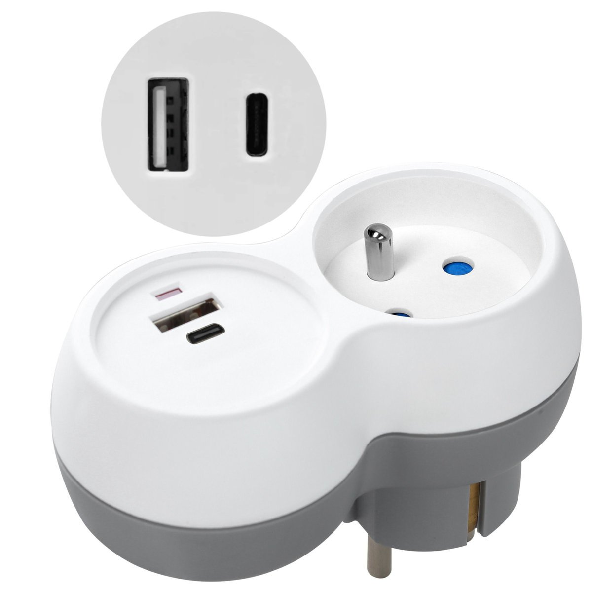 ROZGAŁĘŹNIK ELEKTRYCZNY 1x GNIAZDO 230V + ŁADOWARKA USB-C + USB BIAŁO-SZARY