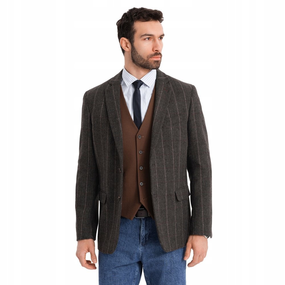 Męska elegancka marynarka w kratkę wełną grafitowa V3 OM-BLZB-0137 r. S
