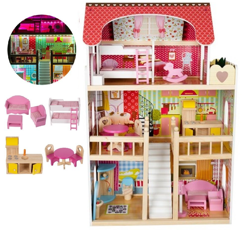 MEGA WILLA DOMEK DLA LALEK Drewniany XXL z Meblami Światłem LED i Schodkami