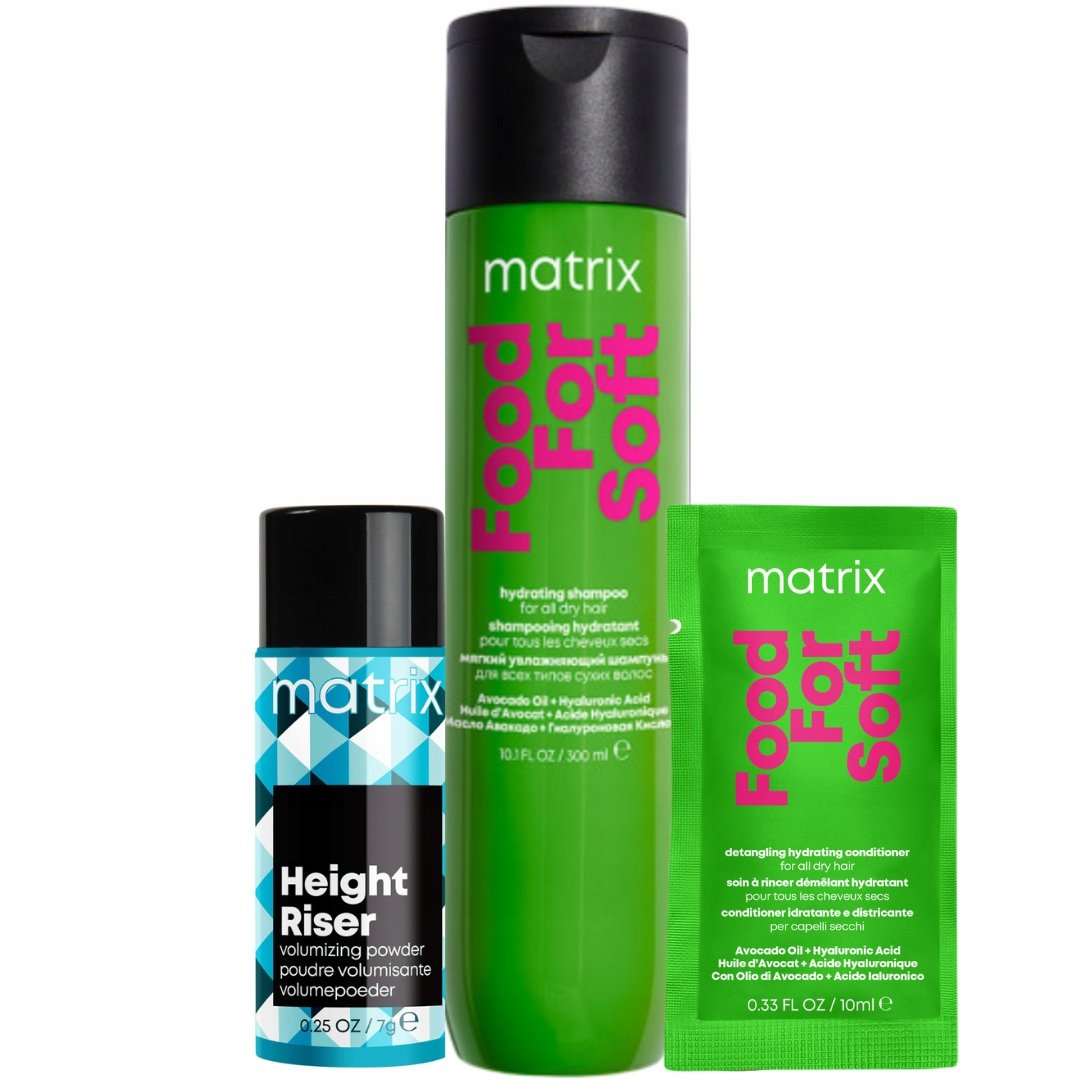 Matrix Food For Soft nawilżający szampon, Height Riser puder do włosów