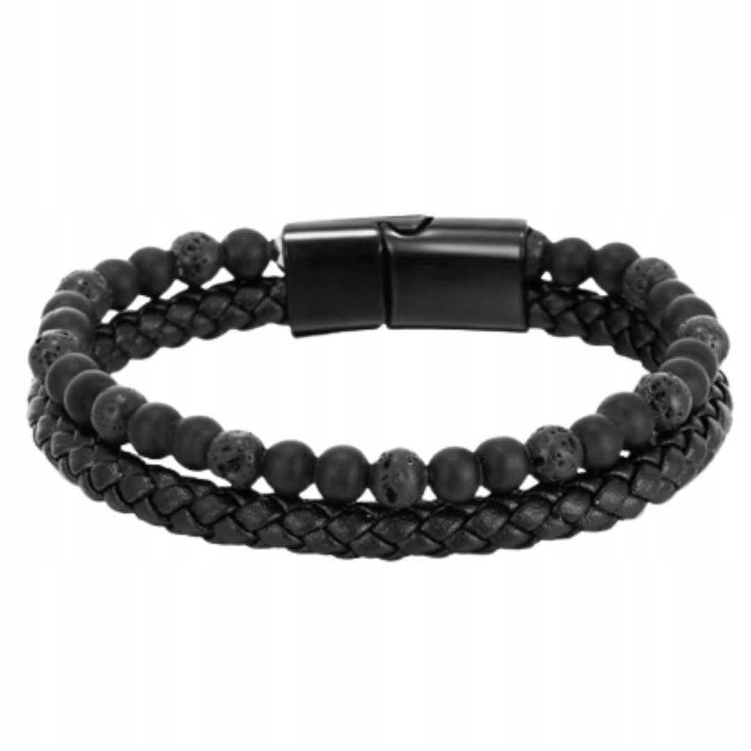 Bransoletka męska pleciona z koralikami 19 cm czarna