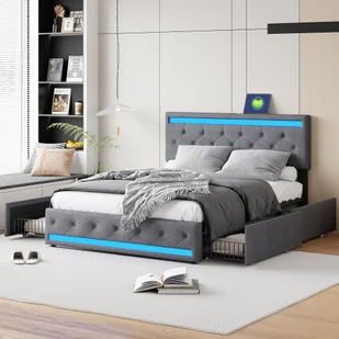 Łóżko tapicerowane Fortuna Lai 140x200cm z zagłówkiem o regulowanej wysokości i 4 szufladami, gniazdo bezpieczeństwa LED i USB, funkcjonalne łóżko dwuosobowe wykonane z lnu, ciemnoszare - Łóżka - miniaturka - grafika 1