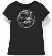 Koszulki i topy damskie - Koszulka damska czarna z motywem szarego kota w blasku M - miniaturka - grafika 1